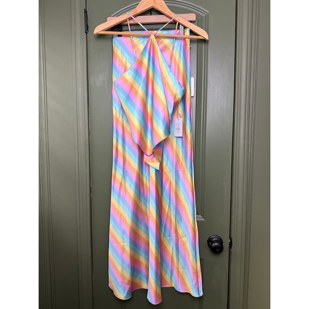 NWT Saylor Flavia Rainbow Bias Satin Halter Midi Skirt Set Colorful Resort Small